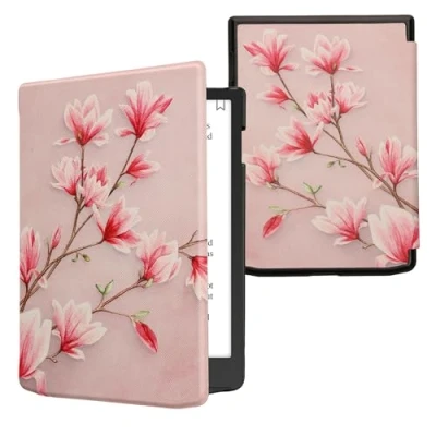Afbeelding van kwmobile E reader hoesje geschikt voor Pocketbook InkPad Color 3 hoes flip case met magnetische sluiting Ereader cover Magnolia design in poederroze / wit oudroze