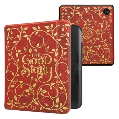 Afbeelding van kwmobile E reader hoesje geschikt voor Kobo Libra Colour hoes flip case met magnetische sluiting Ereader cover Sprookjesboek design in geel / oranje rood