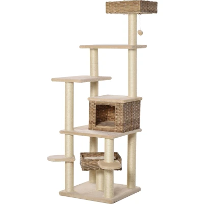 Afbeelding van PawHut Krabpaal met kattengrot rotan kattenboom meerdere verdiepingen voor katten beige + bruin D30 377