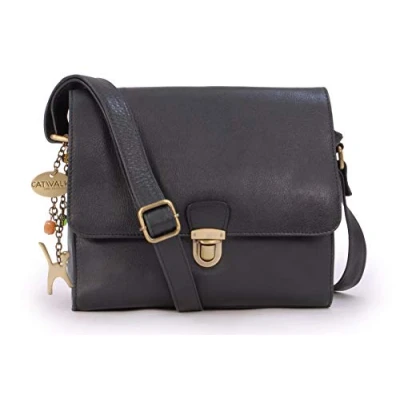 Afbeelding van Catwalk Collection Handbags Dames Schouder Messenger/Koerierstas Overslag Tas iPad/Tablet in Vintage Leer DIANA Zwart
