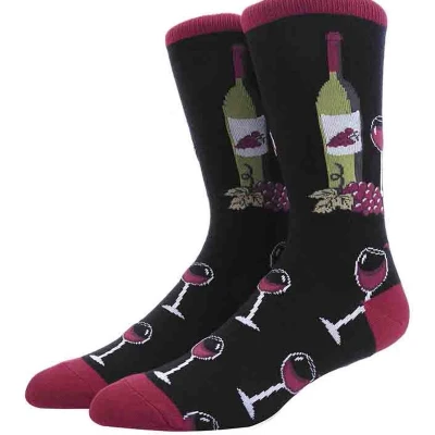 Afbeelding van Sokken heren unisex zwart print wijn rode fles glas maat 40 46 cadeau verjaardag