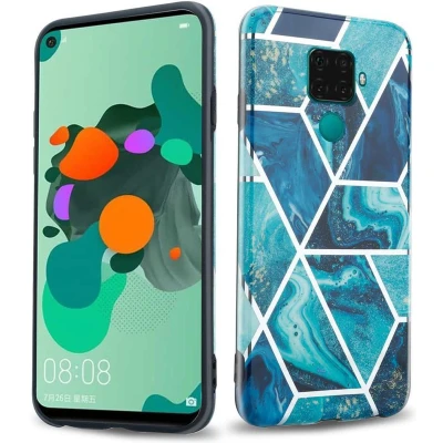 Afbeelding van Cadorabo Hoesje geschikt voor Huawei MATE 30 LITE in Blauwe Golf Marmer No. 13 Beschermhoes gemaakt van TPU siliconen Case Cover met mozaïek motief