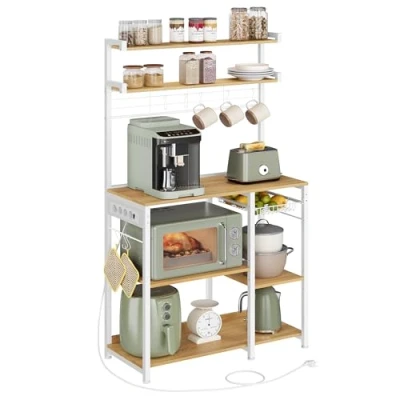Afbeelding van VASAGLE keukenplank, staande plank met stopcontacten, magnetronplank, koffiebar, bakkersplank, 8 S haken, mand, kruidenrek, gouden eikkleur wolkenwit KKS031Y19