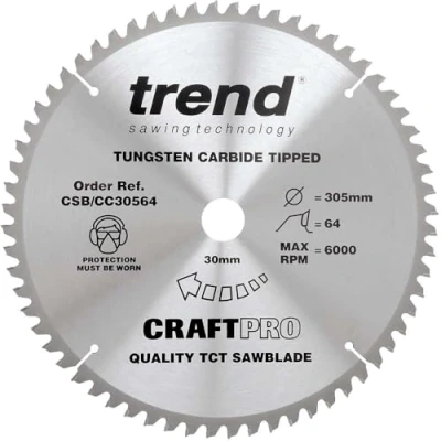 Afbeelding van Trend CraftPro crosscutting TCT cirkelzaagblad met negatieve haaksnede, 305 mm diameter x 64 tanden 30 asgat, wolfraamcarbide getipt, CSB/CC30564