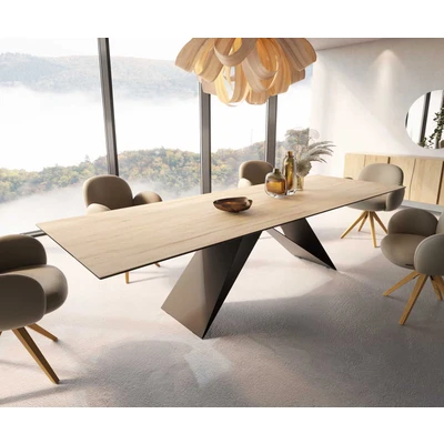 Afbeelding van Eetkamertafel Edge keramiek Laminam® Sabbia eiken kleur 300x100 V frame vlak staal zwart