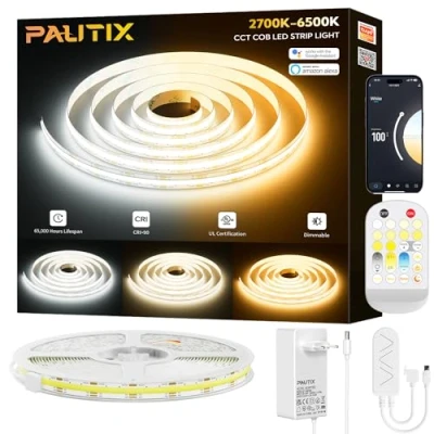Afbeelding van PAUTIX Tunable Smart COB ledstripset, 5 m, CCT 2700K 6500K, dimbare ledstrip, 24 V, werkt met Alexa en Google voor keukenkast, kamer, tv