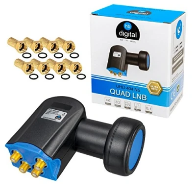 Afbeelding van HB DIGITAL Quad LNB LNC 4 deelnemers Direct Full HD TV 3D 4K DVB S S2 SAT kop Zwart + contacten verguld bescherming tegen weersinvloeden (uitbreidbaar) 8x F pluggen