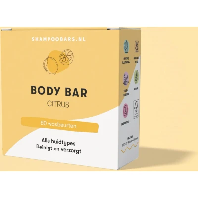 Afbeelding van Body Bar Citrus Handgemaakt in Nederland 80 wasbeurten Plasticvrij Dierproefvrij Vegan 100% biologisch afbreekbare verpakking