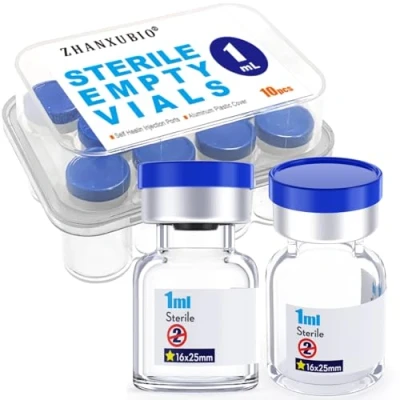 Afbeelding van steriele lege flacon, glazen flesjes, met zelfgenezende injectiepoort en flip top cap, steriel pakket 10 stuks van ZHANXUBIO (1ml, 10)