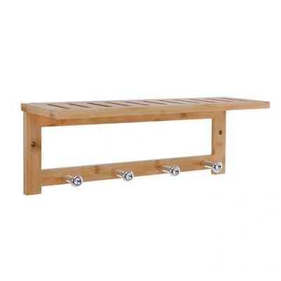 Afbeelding van Wandkapstok van bamboe hout met 4 haken en Legplank Houten wandrek