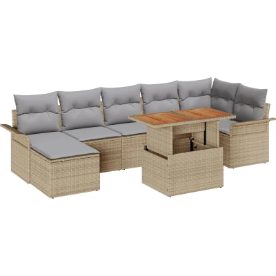 Afbeelding van vidaXL 8 delige Tuin Eetset Met Kussens Beige Poly Rattan Acacia