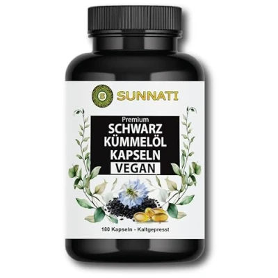 Afbeelding van Sunnati® zwarte komijnolie Capsules Vegan koudgeperst, Egyptisch met vitamine E 1000 mg dagelijkse dosis hoge 180 veganistische capsule in Duitsland gemaakt