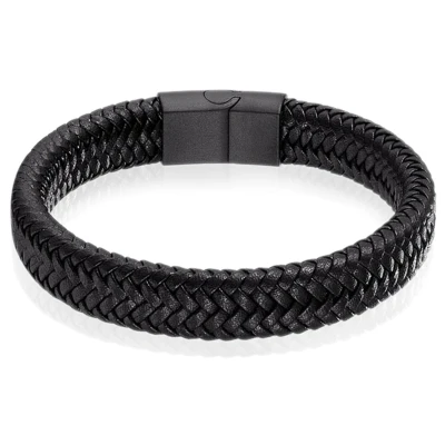 Afbeelding van Gevlochten Leren Armband Heren Edelstaal Sluiting Zwart 22cm
