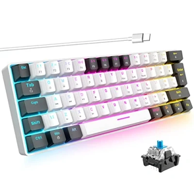 Afbeelding van 60% Gaming Mechanisch Toetsenbord RGB Achtergrondverlichting Blauwe Schakelaar USB naar Type C Bedrade Compact Anti Ghosting voor Windows Mac PC Laptop PS4 XBox Gamer Typist Reizen(Wit &amp; Zwart)