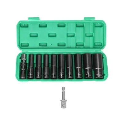 Afbeelding van QWORK® 11 delige slagmoersleutelmoeren 1/2 inch met doppenadapter 1/4 inch, lange doppenset, metrische aandrijfgereedschapset 10 24 mm voor elektrische en pneumatische boormachines