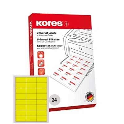 Afbeelding van Kores L7037GE universele etiketten voor inkt jet, laser en kopieerapparaat, 70 x 37 mm, 100 vellen, geel