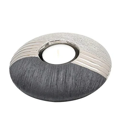Afbeelding van Dekohelden24 Luxe designer keramische theelichthouder in discusfom, zilvergrijs, 13 cm