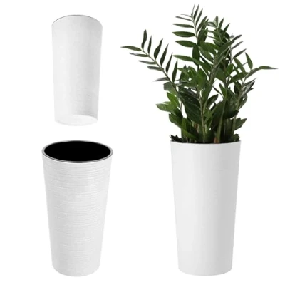 Afbeelding van KADAX bloempot met houtspaanders, elegante uitneembare inzet, bloempotbescherming voor kantoor, bloembak, pot, tuinschaal (diameter 25 cm, wit)