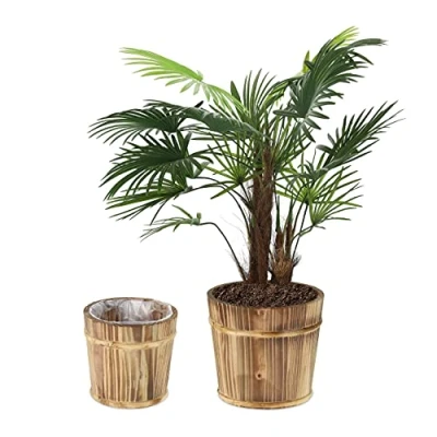 Afbeelding van Relaxdays bloempot hout, set van 2, rond, twee groottes, Ø 24 &amp; 19 cm, binnen buiten, gevlamde look, met folie, natuur