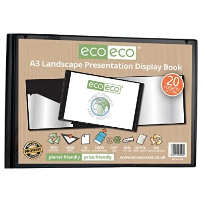Afbeelding van eco A3 50% gerecycleerd 20 Pocket Zwart Landschap Presentatie Display Book, Opbergtas Portfolio Art Folder met Plastic Hulzen, eco096