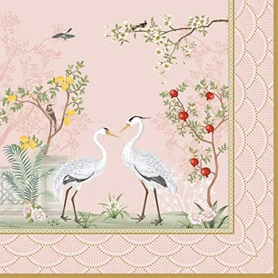 Afbeelding van 20 servetten kraanvogel in roze paradijs Azië Aziatisch dieren tafeldecoratie decoupage servettechniek 33 x cm