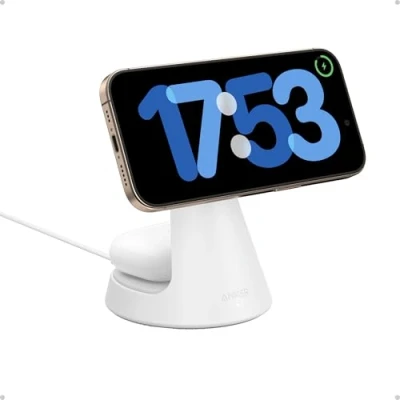 Afbeelding van Anker MagGo 2 in 1 magnetische standaard draadloos laadstation, oplader met 150 cm USB C oplaadkabel, compatibel iPhone 15/15 Pro/15 Pro Max/14/13/13 Max/12 en AirPods