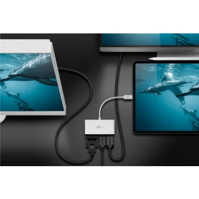 Afbeelding van Goobay USB C multipoort adapter VGA+DP+HDMI breidt een apparaat uit met HDMI , DisplayPort en VGA aansluiting
