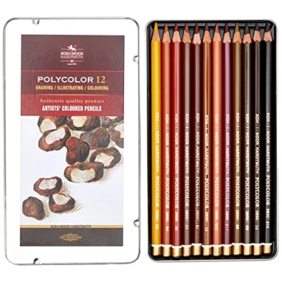 Afbeelding van Koh I Noor POLYCOLOR 3822 bruintinten kleurpotloden/tekenpotloden voor kunstenaars in metalen etui, set van 12