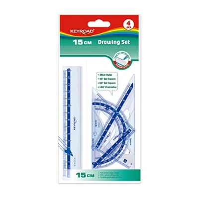 Afbeelding van Schoolliniaalset, liniaal 15 cm, 45 geodriehoek, 60 tekendriehoek, 180 gradenboog, robuust kunststof. Keyroad