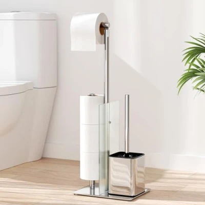 Afbeelding van Staande toiletpapierhouder met wc borstel, roestvrijstalen set rolhouder en zonder boren, toiletborstel toiletrolhouder glazen plank (zilver)