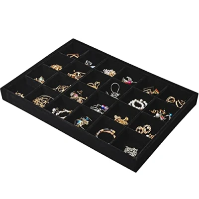 Afbeelding van Catime 24 roosters fluwelen sieradendienblad voor laden, stapelbare sieraden opberglade organizer, verwijderbare display trays ring armband oorbel ketting, 35 x 3 cm (zwart)