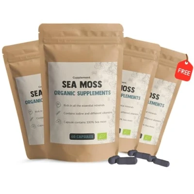 Afbeelding van Cupplement 4 Zakken Sea Moss 60 Capsules Inclusief Pillendoos Biologisch 500 MG Per Capsule Superfood Supplementen Voeding Geen Gel, Poeder, Gummies of Irish Zee Mos Vitamines Mineralen Zeewier Seamoss Seaweed