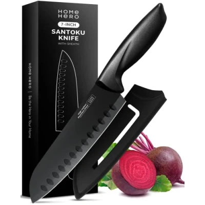 Afbeelding van Home Hero Santoku Knife met schacht, 2 stuks, hoogwaardig carbon roestvrij stalen mes ergonomische handgreep, scherp groentemes, multifunctioneel klein (2 zwart Santoku)