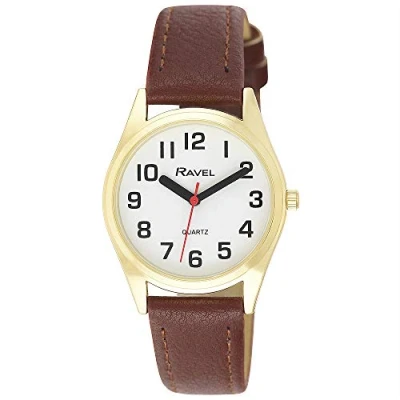 Afbeelding van Ravel Dames super gewaagd zicht hulp horloge met grote getallen (27mm) bruin/goudkleurige/witte wijzerplaat