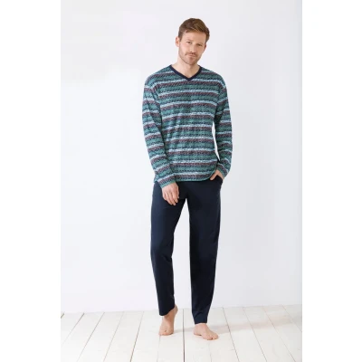 Afbeelding van Moderne gestreepte blauwe herenpyjama van Hajo Blauw Maat 56