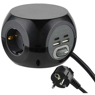 Afbeelding van Electraline 62080 kubus met 3 Stopcontacten en 4 USB Poorten (2x USB, 2x C) 1,5 m kabel, aan /uitschakelaar, zwart