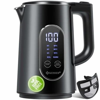 Afbeelding van KESSER® Waterkoker van roestvrij staal, 1,7 liter, led display, 4 modi, temperatuurinstelling 40 C tot 100 C, warm houden 30 minuten, 2200 W, BPA vrij, kalkfilter en Easy Open deksel, zwart