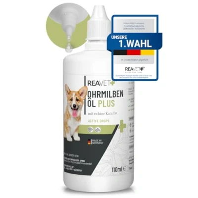 Afbeelding van ReaVET Oormijtolie Plus 110 ml onmiddellijk effectief middel voor honden tegen oormijt met kamille, zachte verzorging bij jeuk in het oor, oordruppels mijten, oorreiniger