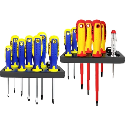 Afbeelding van Schroevendraaierset, 16 delig, Magnetische Schroevendraaier, kruiskop, slot, voltmeter, Pozidriv schroeven, twee stabiele wandhouders, Kraftform Ergo handgreep, in S &amp; R professional kwaliteit