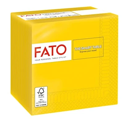 Afbeelding van Fato, Wegwerpservetten, ideaal voor aperitief en cocktails, verpakking met 100 servetten, formaat 24 x cm, 4 voudig gevouwen, 2 laags, geel, papier 100% pure cellulose, FSC gecertificeerd