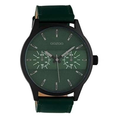 Afbeelding van Oozoo Herenhorloge Chrono Look met lederen band 48 MM zwart/groen C10537