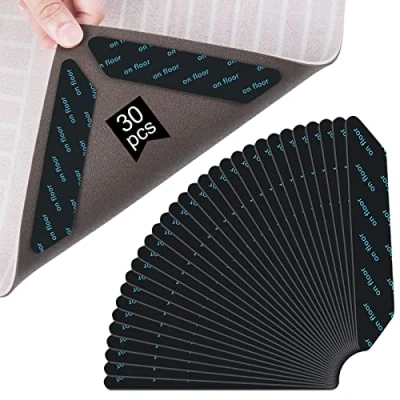 Afbeelding van Vicloon Antislipstickers voor tapijt, 30 stuks tapijt Grippers, herbruikbare antislip onderlaag, dubbelzijdige anti curling grip harde vloeren Wasbare verwijderbare (zwart)