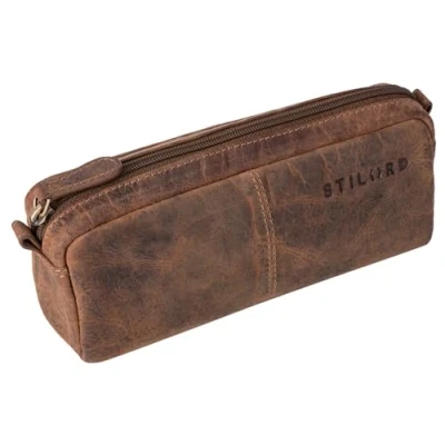 Afbeelding van STILORD &#039;Spencer&#039; lederen pennenbakje vintage met ritssluiting cosmetische tas organizer slordige roltasje echt leer, Kleur:calais bruin