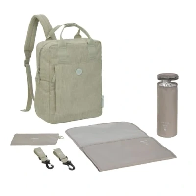 Afbeelding van LÄSSIG GRE Vividal Luierrugzak met aankleedonderlegger, kinderwagenbevestiging, flessenhouder duurzaam geproduceerd/GRE Backpack koord licht kaki