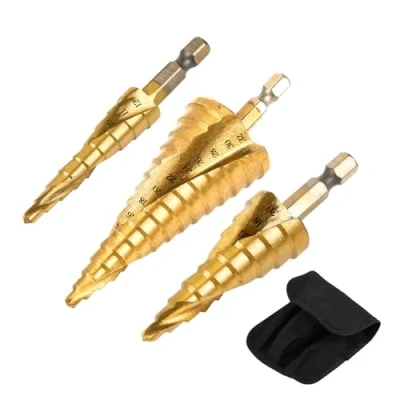 Afbeelding van Kegelboor, 3 stuks trappenboren van HSS titanium, maten 4 12/4 20/4 32, met zeskantige schachtdesign dubbele groef voor staal, messing, hout, kunststof, aluminium (goud)
