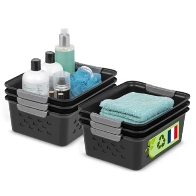 Afbeelding van Iris Ohyama, Paniers d&#039;étagère en Plastique Polyvalent, Ouvert, Noir, 5L, Lot de 6, Empilable, Ventilation, Contenu Visible, pour Salle bain, Jouet, Bureau, Armoire, Organisateur, sans BPA, OSB S