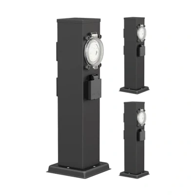 Afbeelding van ledscom.de 3 stuks tuincontactdooszuil POLLY voor buiten, IP44, timer/timer, voudig, roestvrij staal, kunststof, zwart, hoekig, 38 cm