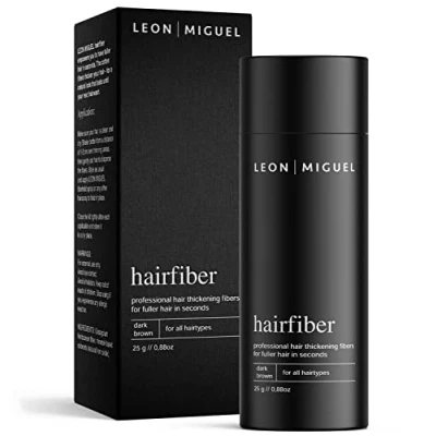 Afbeelding van LEON MIGUEL Hair Fiber Haarverdichting Premium Strooighaar/Strooihaar met direct effect bij inhammen, haaruitval en licht haar Haarpoeder 25g (DONKER BRUIN)