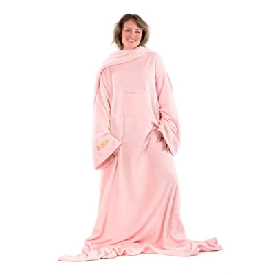 Afbeelding van Snug Rug Deluxe Deken met Mouwen TV Dekens 260gsm Luxe Cosy Super Zachte Koraal Fleece Stof Lange Oversized knuffeldeken Mouwen, Pouch Pocket Volwassenen Maat Roze Kwarts