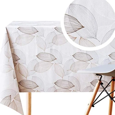 Afbeelding van Elegant tafelzeil tafelkleed met natuurlijk bladpatroon Zilvergrijs PVC Rechthoekig 200x140 Gemakkelijk af te vegen Waterdicht plastic Wasbaar